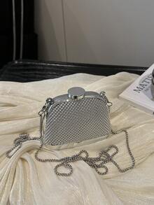 亮金色斜挎包，迷你贝壳包，口红耳机收纳袋，零钱包，链条包，适合派对和宴会场合 - 銀色 - 查看 10