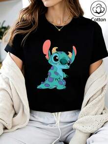 Disney Devil Stitch T-Shirt: Black Slim Fit Cotton Tee With Cool Cute Graphic, Perfect For Lilo & Stitch Fans, Theme Park Visits And Casual Wear, Ideal Gift - 黑色 - 查看 1