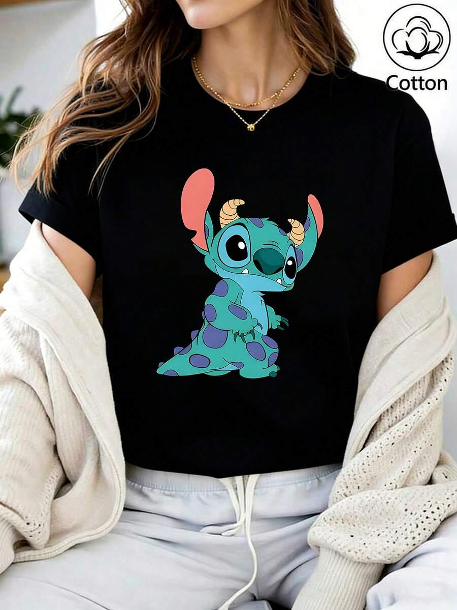 Disney Devil Stitch T-Shirt: Black Slim Fit Cotton Tee With Cool Cute Graphic, Perfect For Lilo & Stitch Fans, Theme Park Visits And Casual Wear, Ideal Gift - 黑色 - 查看 1