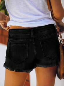 Fashionable Casual Vacation Style Washed Frayed Distressed Loose Denim Shorts For Women Black Summer - Black - View 6