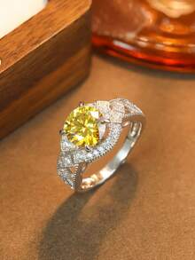 1pc S925 Silver Round Yellow Moissanite Ring, Luxury Vintage Pave Design, Warm Tone Shimmering Moissanite Exudes Elegance, Suitable For Formal Occasions, Parties, Gifting For Valentine's Day, Anniversary, Birthday - 銀色 - 查看 4