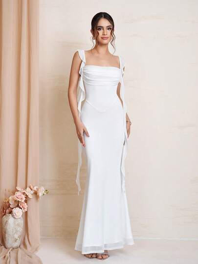 Elegant White Mesh Fitted Maxi Dress With Ruffle Trim And Ribbon Decor, Spaghetti Straps, Suitable For Parties And Special Occasions Summer