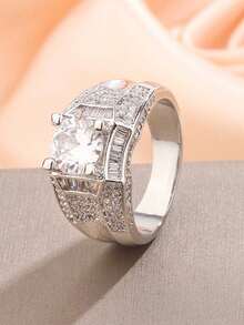 Anillo geométrico redondo con circonita cúbica de 4 garras, regalo de joyería para mujeres, adecuado para uso diario y para ir al trabajo - Blanco - Ver 1
