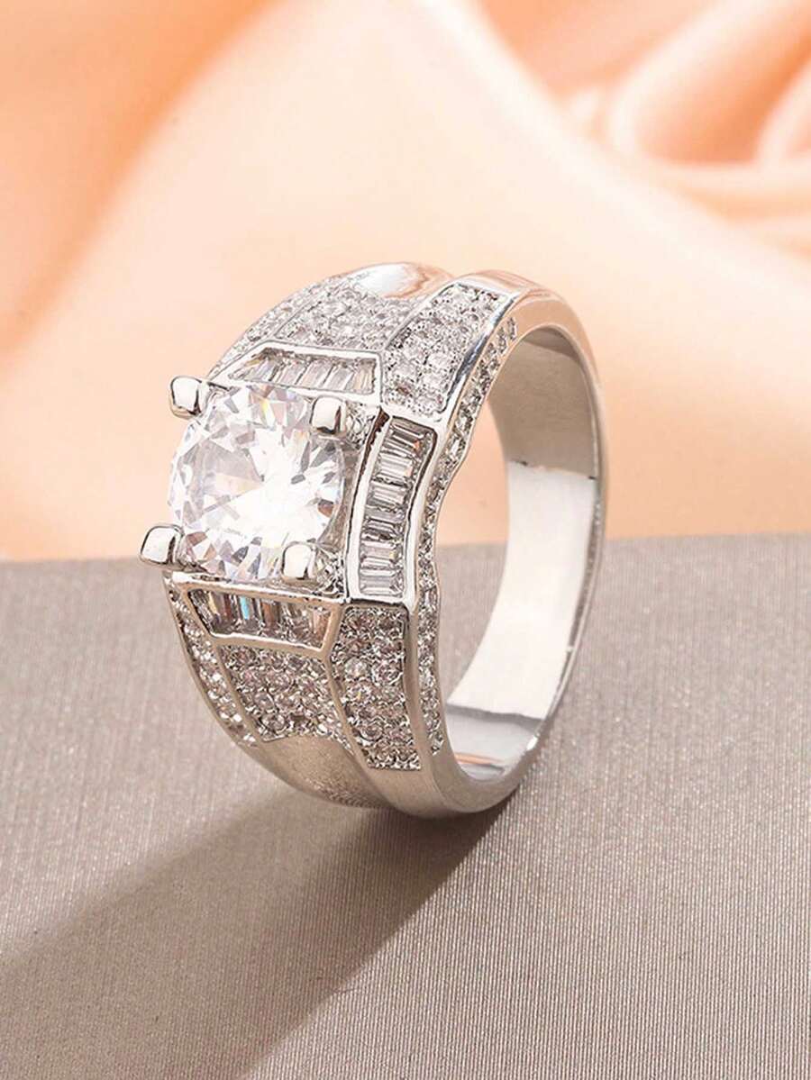 Anillo geométrico redondo con circonita cúbica de 4 garras, regalo de joyería para mujeres, adecuado para uso diario y para ir al trabajo - Blanco - Ver 1