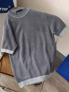 男士春夏针织圆领镂空短袖毛衣，撞色领，休闲百搭 - 灰色 - 查看 1