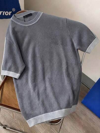 Suéter de cuello redondo de punto para hombre, de manga corta y calado, con cuello de contraste, casual y versátil, para primavera/verano