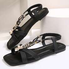 Ankle Strap Elastic Flats For Women Peal Slingback Rhinestone Dressy Sandals Comfort Summer Shoes Casual Beach Walking Slides Slippers - 黑色 - 查看 3