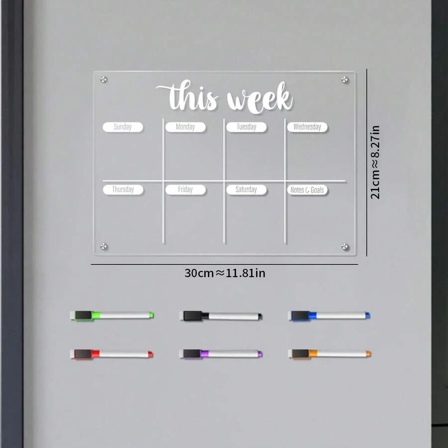 1pc Multi-Color Weekly Planner Decorative Magnetic Sticker, Acrylic Refrigerator Memo Board With Erasable Writing (Comes With 6 Magnetic Whiteboard Pens) - I - View 1