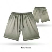 Men's Heavyweight Gradient Washed Drawstring Shorts - Casual Streetwear Elastic Waist Knee Length Shorts With Pockets - Vintage Distressed Denim Look Summer Bottoms For Men -  Y2K Inspired Relaxed Fit Casual Shorts For Daily Wear, Street Style, And Outdoor Activities - 2026 New Arrival American Fashion Essentials - 軍綠色 - 查看 4