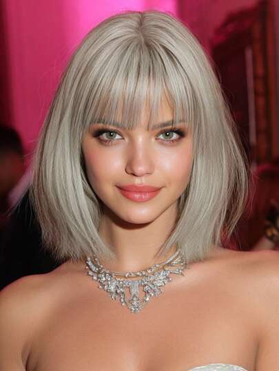 12-Inch Elegant Short Light Grey Straight Wig With Bangs , Heat-Resistant Synthetic Fiber Wigs For Women,For Daily,Party,Cosplay&Festavil Ready