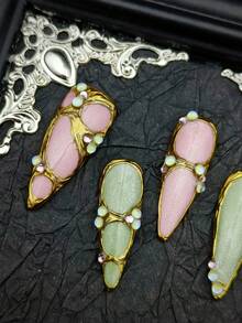 A Series Of Different Color Of Our Hot Long Stiletto: Green Nails Blue Nails: DIY 10pcs Of Cute Baroque Nail Art Of Y2K Glossy Green Nail Stickers Blue Nails Red Nails Orange Nails With Handpainted Ripples A Western Goth Palace Style French Tip Handmade Acrylic Press On Nails With Free Poly Gel Nail Kit. - 彩色 - 查看 5