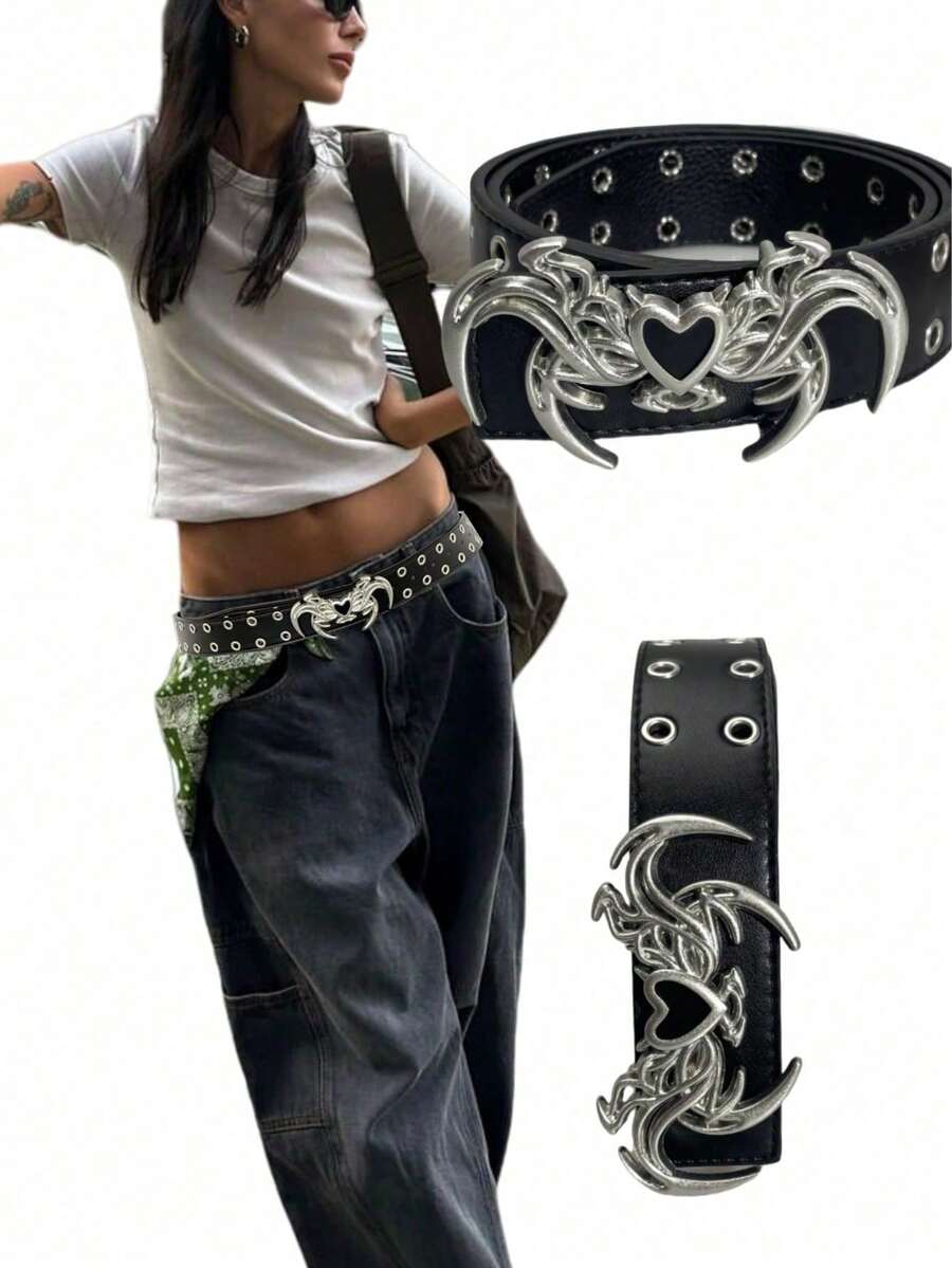 1pc Retro American Style Women's Belt, Black Devil Wing & Heart Shaped Rivet Buckle, Reversible, Suitable For Daily Wear And Holidays - Black - View 1
