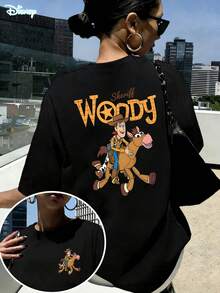 Disney Toy Story Sheriff Woody & Bullseye T-Shirt: White Oversized Cotton Tee With Western Style Graphic, Perfect For Toy Story Fans, Theme Park Visits And Casual Wear, Ideal Gift - 黑色 - 查看 1