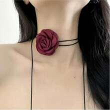 Collar de corbata con flor de camelia 3D estilo francés vintage, collar gargantilla minimalista de cuerda de cera con flores, elegante joyería de cadena de clavícula de nicho para mujeres - Blanco / Borde quemado / Flor grande - Ver 9