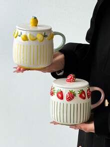 Bộ 1 cốc sứ in hình trái cây 3D sáng tạo có nắp, dung tích lớn, dùng làm cốc nước, cốc cà phê, cốc đồ uống, quà tặng ngày lễ, cốc trà. - Nhiều màu - Xem 8