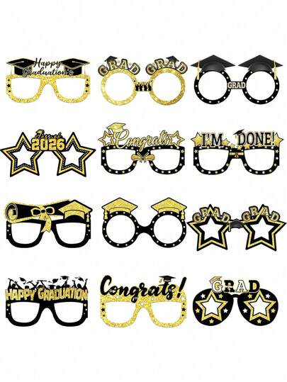 12件套毕业派对纸质眼镜，可用于拍照道具、帽子、毕业证书、流苏设计装饰 - 黑色和金色纸质眼镜框及装饰品，带有“GRAD”主题，适用于毕业庆祝活动和派对布置，毕业派对装饰