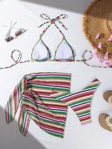 Women's Swimsuit Set, Casual Tie-Front Backless Beach Outfit, Summer - Multicolor - View 6