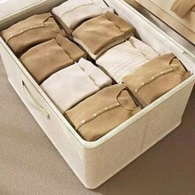 1件米色正方形可折疊收納盒附蓋，聚酯亞麻材質，附拉鍊與提把，堅固多用途收納箱，適用於衣物、牛仔褲與玩具，臥室裝飾，適合儲藏室整理與居家收納 - 米色 - 查看 3
