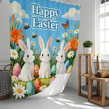 1件/4件套复活节兔子、彩蛋、花朵图案浴帘套装，猫、狗、三叶草、硬币设计，优雅的乔迁浴室装饰浴帘，配有12个挂钩、防滑浴垫、U型马桶垫、马桶盖套，春季浴室套装 - F - 查看 4