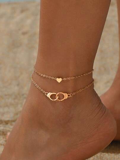 2pcs/Set High-End Heart Shaped Decorative Anklet, Suitable For Women's Daily, Casual, Dating, Party, Vacation Wear, Can Be A Thoughtful Gift