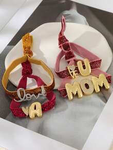 1pc Elegant Deep Pink Copper-Plated Zirconia Letter "A MOM U" Heart-Shaped Sequin Elastic Bracelet, Suitable For Mother's Day, Festivals Or Daily Wear, Thoughtfully Designed Mother's Day Jewelry Gift For Mom And Sisters - Multicolor - View 4