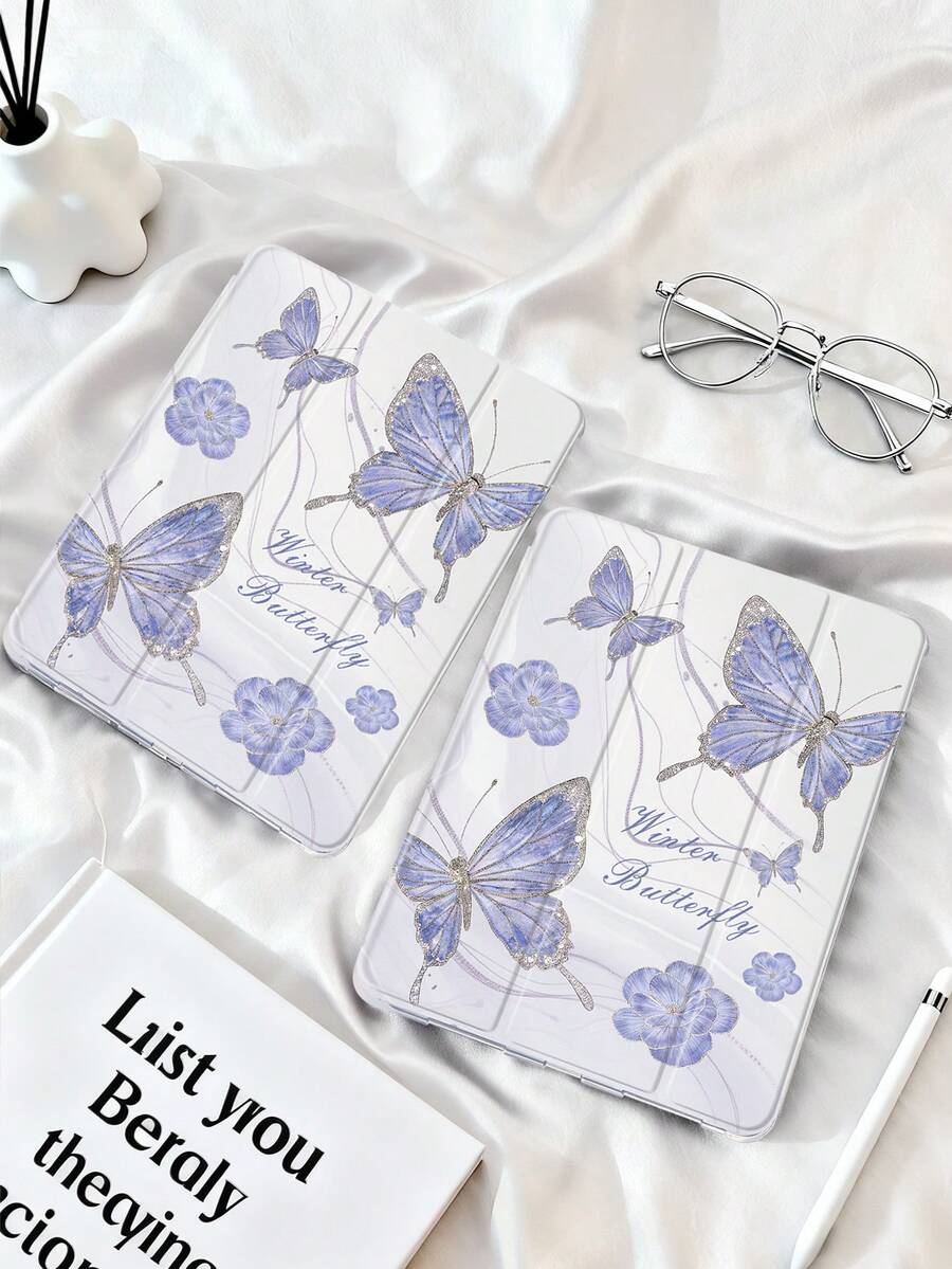 1pc Butterfly & Flower Purple Pattern Painted Tablet Case, Compatible With IPad Mini4/Mini5/Mini6/Mini7/Air/Air2/9.7/10.2/10.5/Air4/Air5/10.9/Pro 11-Inch/10th Gen/ Air 11-In.(M2)-2024/ Pro11-In.(M4)-2024/Air 11-Inch (M3) 2025/ (A16) 11 Inch 11th Generation 2025, Galaxy Tab A8 10.5 Inch 2022, Includes Pencil Slot, Tri-Fold Stand, TPU Soft Edge Protection, Magnetic Sleep/Wake, Elegant/Fun/Personalized/Creative Tablet Case - Multicolor - View 1