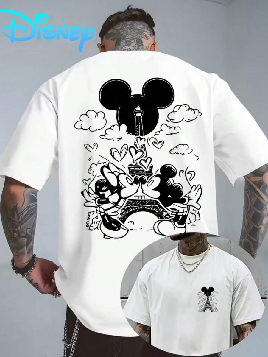 Disney Authorized-Mickey Mouse And Eiffel Tower Printed Men's T-Shirts, T-Shirts With Short Sleeves, Breathable And Lightweight, Fashionable Street Clothes And Men's Sports Tops. - White - View 1