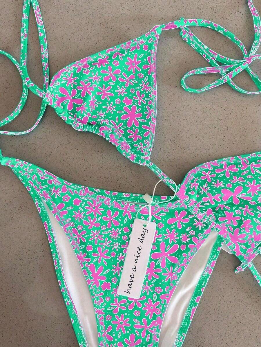 Polovedo Official New Arrival Spring/Summer Fashionable Casual Green Floral Print Women's Halter Tie Bikini Set Set, Suitable Beach, Vacation, And Dates - In ấn 4 - Xem 1