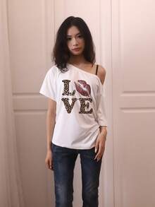 Women's Casual Off-Shoulder T-Shirt With Love And Kiss Graphic, Short Sleeve, Stretchy Polyester Fabric, Regular Fit - White - View 10