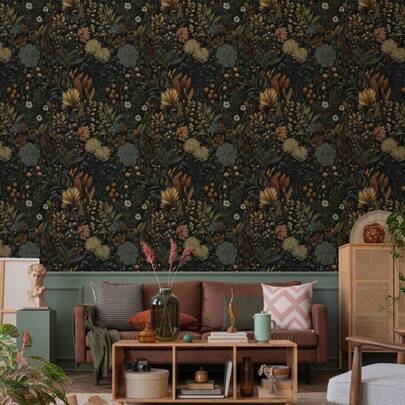 Dark Floral Wallpaper - Muted Tone Dark Botanical Self-Adhesive Wall Mural - Removable Rustic Decor