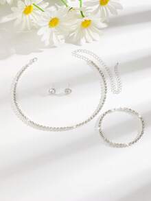 3pcs Set Minimalist Chic Silver Rhinestone Stud Earrings & Tennis Chain Necklace, Sparkling Jewelry Set, Suitable For Weddings, Galas, And Daily Gifting - White - View 6