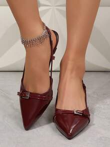 Closed Pointed Toe Slingback Pumps Kitten Heels For Women Low Heel Buckle Strap Dress Shoes Daily Working Wedding Sandals Heels - Đỏ - Xem 9
