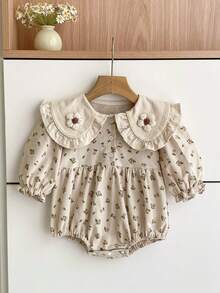 Spring New Arrival Sweet Ditsy Floral Baby Girl Long Sleeve Bodysuit, Flower Collar - Apricot - View 2