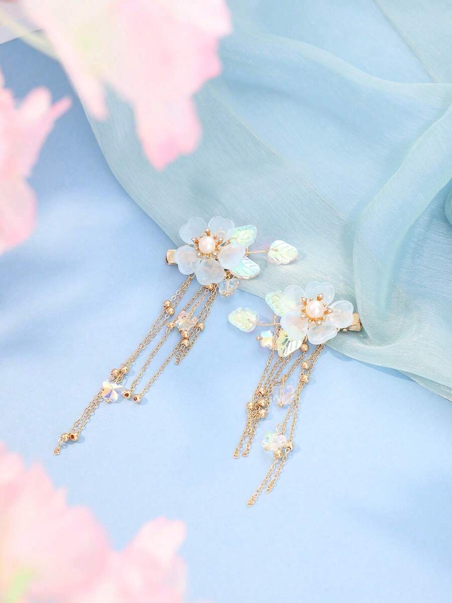 2个中国风石榴花流苏发夹，可爱甜美，女士礼物，适合日常休闲、夏季、假日、旅行佩戴。 - 淺藍色 - 查看 1