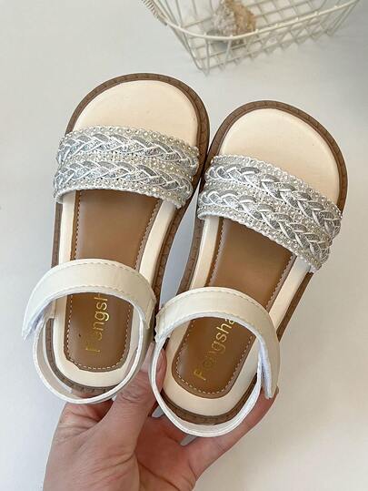 2 Pairs Girls Silver Knitted Faux Pearl PU Leather Hook & Loop Flat Princess Sandals, Suitable For School, Outings, Casual Wear, Home, Birthday Party, Children's Day Performance, Beach Holiday In Summer