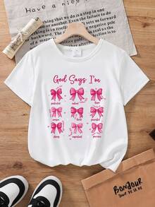 女童可爱蝴蝶结字母“GOD SAYS I'M”印花圆领短袖T恤，夏季款 - 白色 - 查看 3