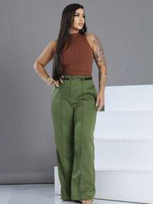 A-Lows A&L  Calca pantalona Tecido Alfanteria  Com  Anel Fino e  Risco Reto - Verde Militar - Visão 3
