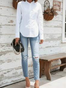 Weave Poetry Elegant White Shirt, Button Front Design, Regular Hem, Suitable For Office Wear - trắng - Xem 3