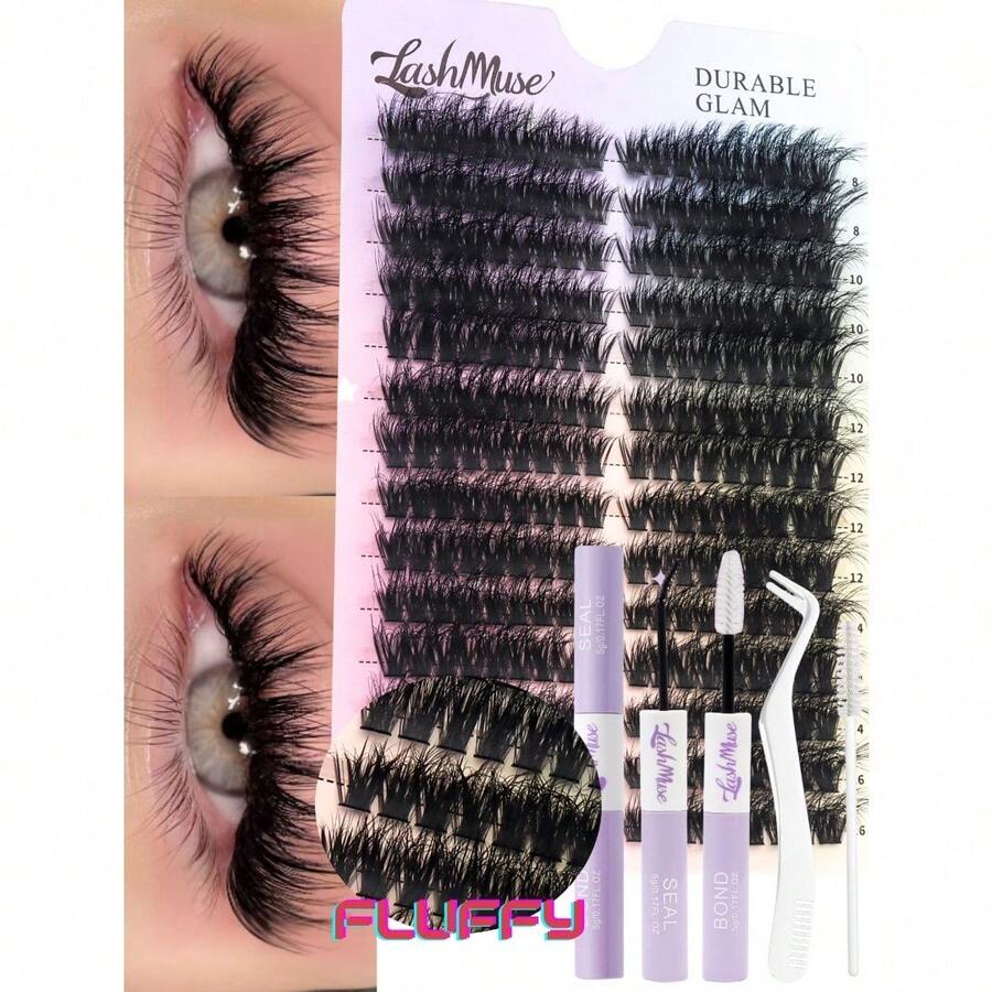 504PCS/252PCS 80D D-Curl Fluffy False Eyelashes, Lash Glue, Tweezers & Brush Included, 0.31-0.63inch Faux Mink Individual Lash Clusters, Reusable Soft Natural DIY Lash Extension Kit, Beginner Friendly Lash Clusters, Individual Eyelashes, Lashes, Fake Lashes, Perfect For Halloween, Christmas, Valentine's Day, Parties & Festival Glam Beauty - 黑色 - 查看 1