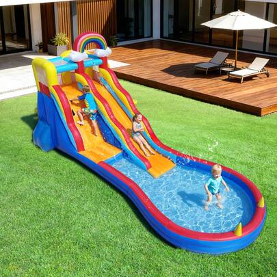 20.5 Ft (L) Inflatable Water Slide, Pool With Slide, Oxford Cloth Material, Backyard Family Style Inflatable Castle, With Blower, Wet Dry Use, Summer Fun, 20.5 X 7.7 X 9.6 Ft