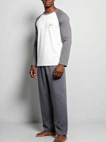 Snug League 男士纯棉圆领长袖上衣和裤子睡衣套装（2件套），透气吸湿，适合春秋季和秋冬季穿着。 - 米色 - 查看 2