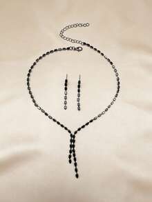女士奢华珠宝套装，水晶水钻项链+耳环三件套，黑色，优雅简约风格，适合派对、婚礼、节日和日常搭配。 - 黑色 - 查看 6