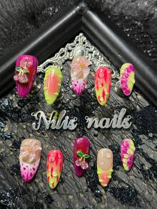 10 Stücke Mandelförmiges Nagel Acryl Set, lila Nägel, weiß-lila French Nägel, rosa & neongrün Farbverlauf, handgemalte lila Punkte & asymmetrische lila, rosa Linien & neongrüne Tropfen und andere geometrische Muster, 3D Harz Blumen & rosa Kirsch Strass kombiniert mit Metallblättern und anderen Nagel Accessoires, süßer und cooler Traummädchen Stil - Violett - Übersicht 2