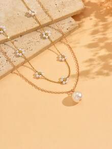2pcs Delicate Minimalist Golden Flower Necklace, Fashionable Elegant Faux Pearl Pendant Necklace Suitable For Daily Wear And Party - Multicolor - View 4