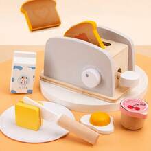 儿童木制过家家灰色面包机玩具，适合男孩女孩的趣味角色扮演玩具 - 彩色 - 查看 10