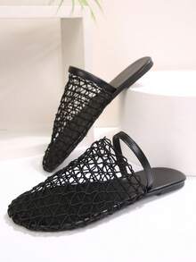 Women's Casual Shoes Fishnet Mesh Slides Sandals Square Closed Toe Hollow Out Flats For Office Casual Party City Walks - màu đen - Xem 5