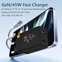 GAN 45W 双口快充充电器，支持 USB-C（PD 和 PPS）和 USB-A 快充 3.0，智能快充，小巧便携，适用于智能手机、平板电脑和笔记本电脑 - 查看 5