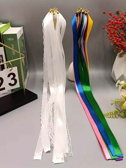 10条欧式婚礼DIY流苏蕾丝丝带，派对装饰，仙女棒，可重复使用的三层多色设计，配有竹签和金色小铃铛，适用于婚礼装饰、生日庆典、互动游戏、毕业典礼、舞蹈表演、节日服装、体育赛事、音乐会和节日装饰。也适用于圣诞节装饰、万圣节用品和猫玩具。