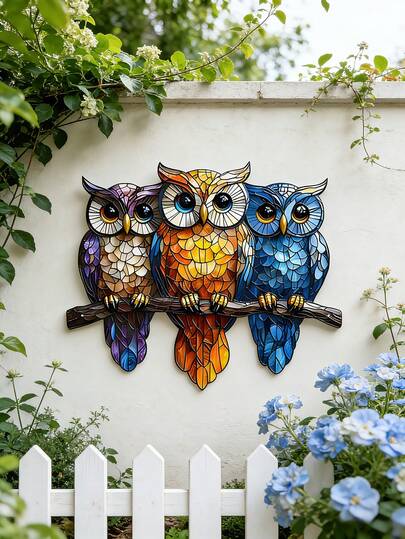 1 pieza Decoración de pared de metal con tres búhos en estilo bohemio - Perfecto para patios, jardines, salas de estar y dormitorios, decoración de vallas exteriores - Ideal para fiestas festivas y un regalo perfecto para familiares y amigos, diseño plano 2D