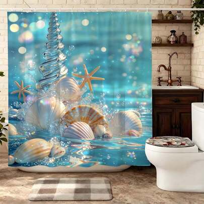 ستارة دش بنجوم البحر والأصداف الزجاجية الحالمة، طقم حمام بحري مع ستارة الدش، ستارة حمام مقاومة للماء، ديكور حمام سحري، طقم حمام يشمل ستارة الدش، ستارة حمام أزرق، ستارة حاجز حمام ساحرة، ديكور حمام ساحلي، ستارة حمام من قماش ناعم، طقم حمام خيالي للمنزل